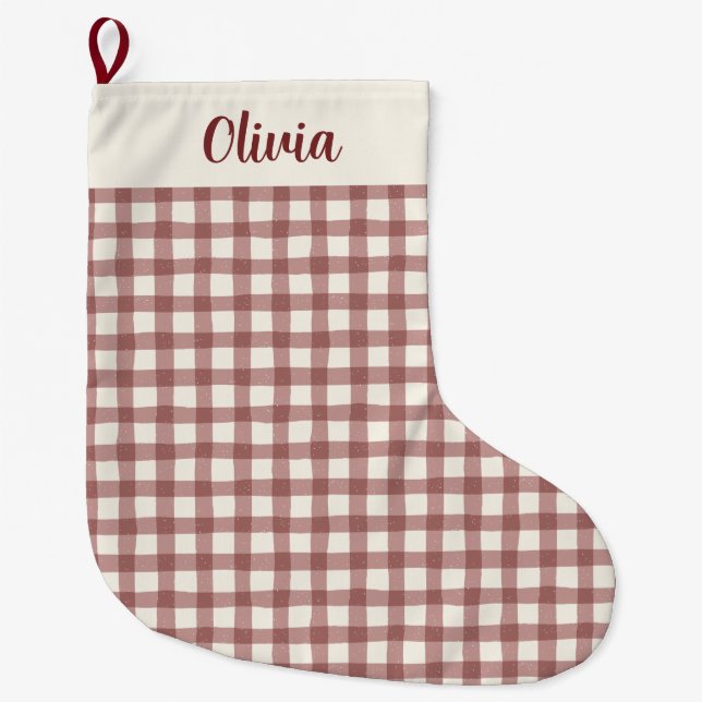 Kranbeere Gingham Rot Marone Großer Weihnachtsstrumpf (Vorderseite)