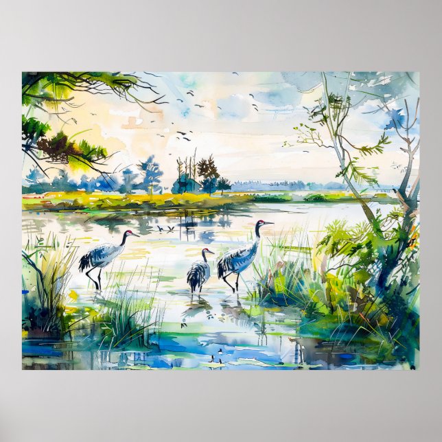 Krane am Fluss Havelland Wasserfarbe Poster (Vorne)