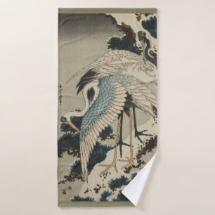 Krane auf einer schneebedeckten Pine Hokusai Badhandtuch Set
