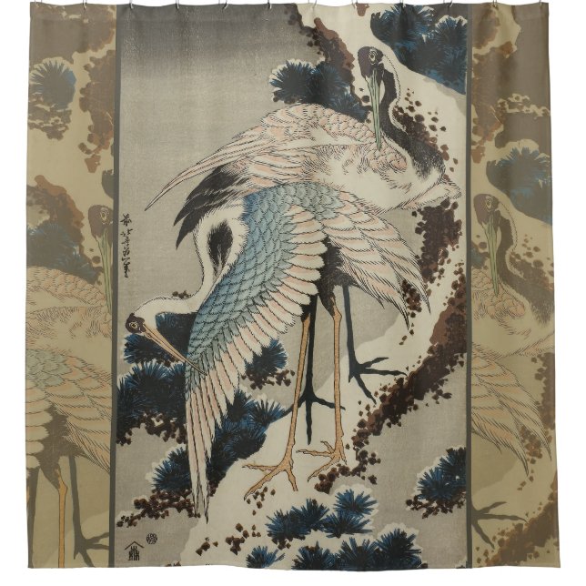 Krane auf einer schneebedeckten Pine Hokusai Duschvorhang (Vorderseite)