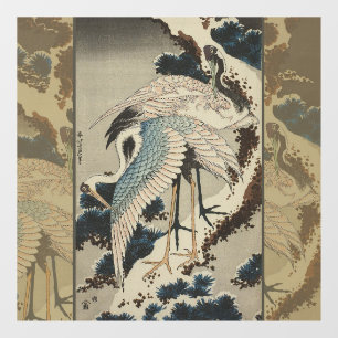 Krane auf einer schneebedeckten Pine Hokusai Fensteraufkleber