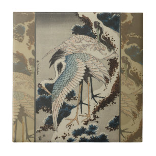 Krane auf einer schneebedeckten Pine Hokusai Fliese