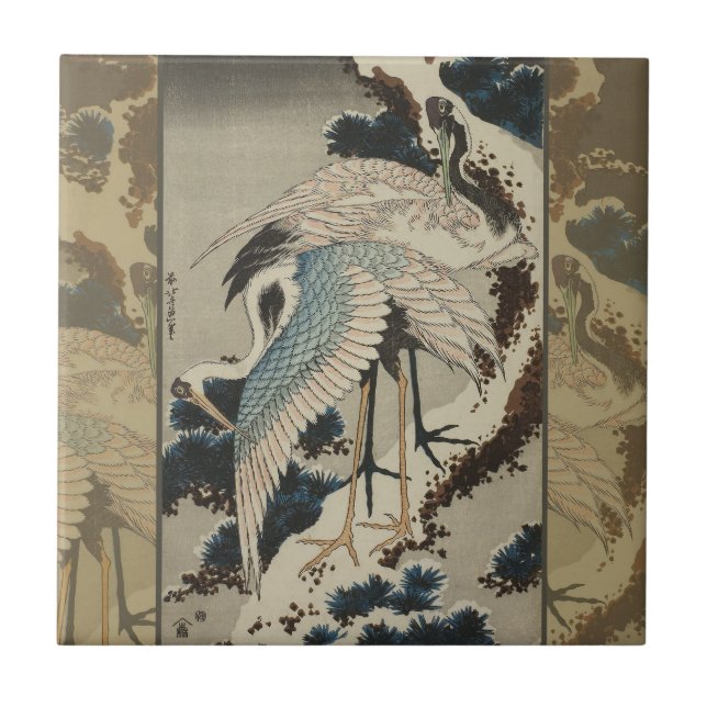 Krane auf einer schneebedeckten Pine Hokusai Fliese (Vorderseite)