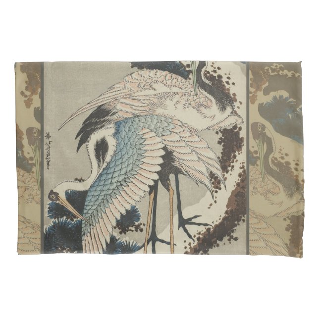 Krane auf einer schneebedeckten Pine Hokusai Kissenbezug (Vorderseite)