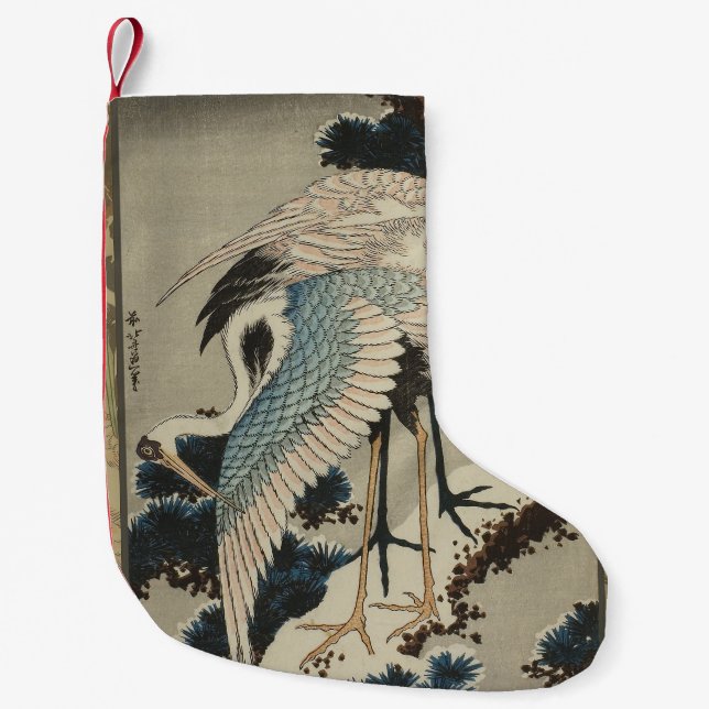 Krane auf einer schneebedeckten Pine Hokusai Kleiner Weihnachtsstrumpf (Vorderseite)