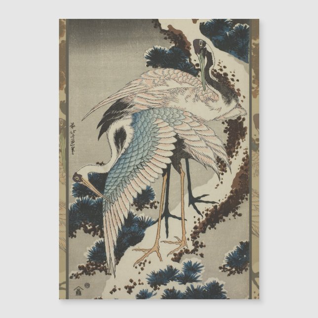 Krane auf einer schneebedeckten Pine Hokusai Magnetkarte (Vorderseite)