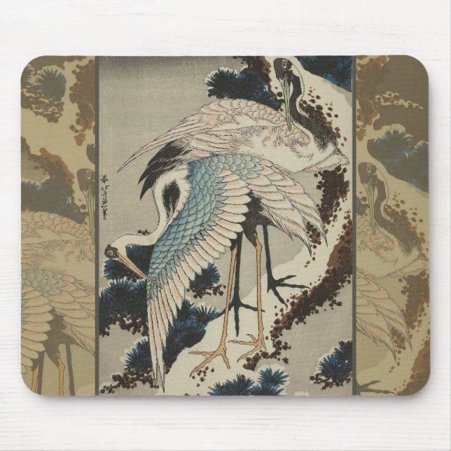 Krane auf einer schneebedeckten Pine Hokusai Mousepad (Vorne)