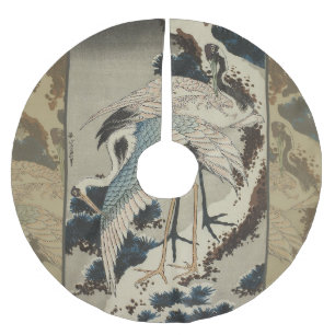 Krane auf einer schneebedeckten Pine Hokusai Polyester Weihnachtsbaumdecke