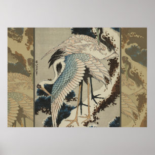 Krane auf einer schneebedeckten Pine Hokusai Poster