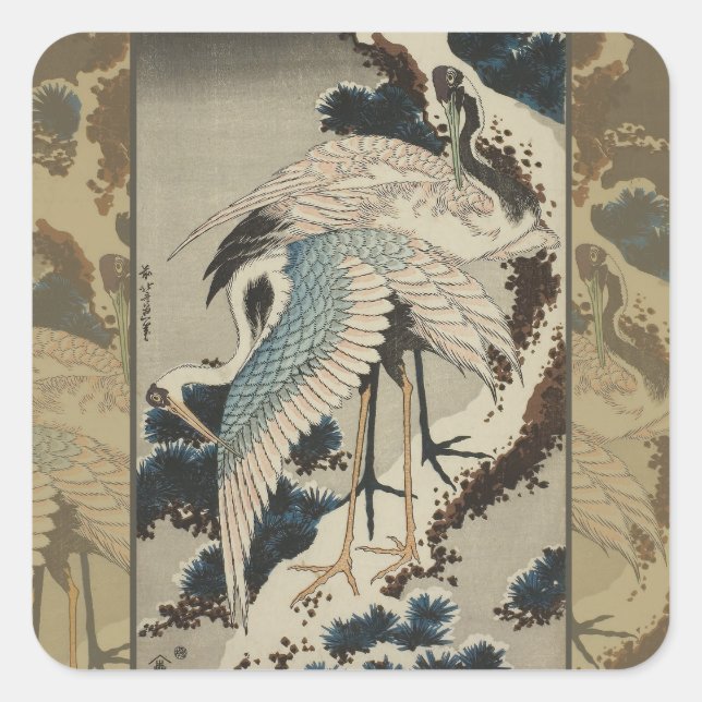 Krane auf einer schneebedeckten Pine Hokusai Quadratischer Aufkleber (Vorderseite)