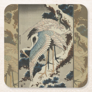 Krane auf einer schneebedeckten Pine Hokusai Rechteckiger Pappuntersetzer