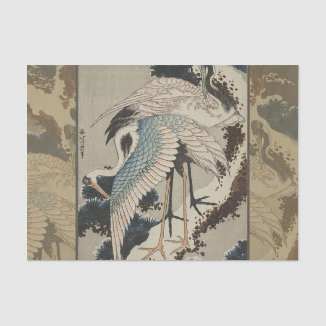 Krane auf einer schneebedeckten Pine Hokusai Seidenpapier (Vorderseite)