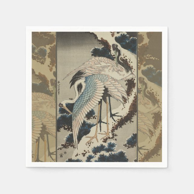 Krane auf einer schneebedeckten Pine Hokusai Serviette (Vorderseite)
