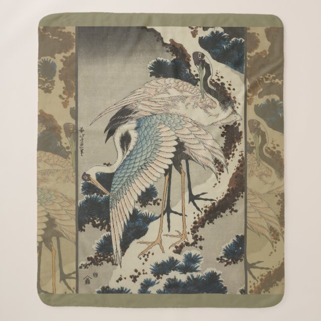 Krane auf einer schneebedeckten Pine Hokusai Sherpadecke (Vorderseite)