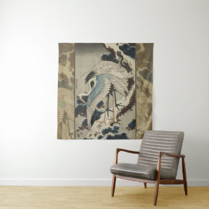 Krane auf einer schneebedeckten Pine Hokusai Wandteppich
