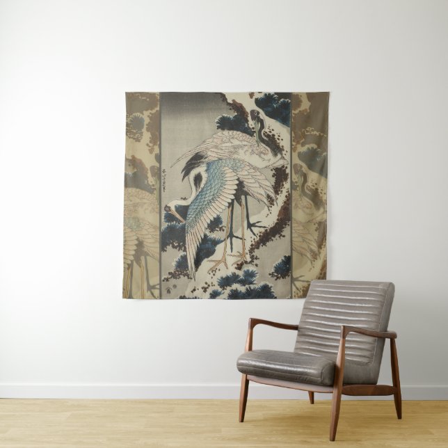 Krane auf einer schneebedeckten Pine Hokusai Wandteppich (Beispiel)