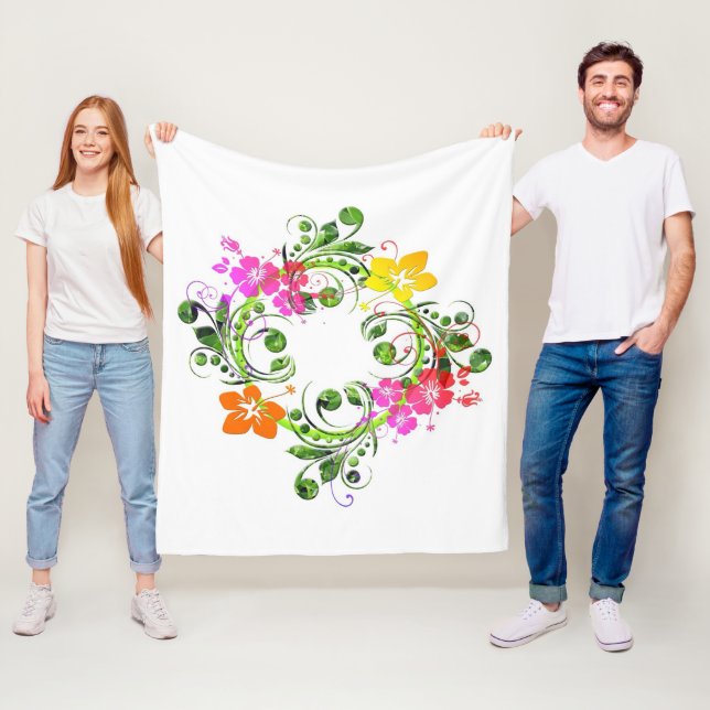 Kräne der tropischen Blume Hibiskus rosa grün oran Fleecedecke (Beispiel)
