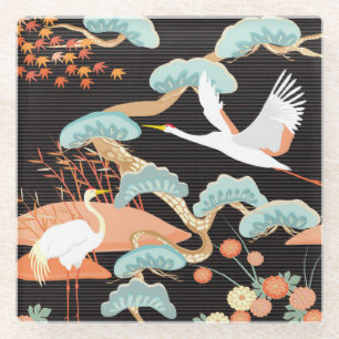 Krane, Helden: Japanisches Vogelmuster. Glasuntersetzer