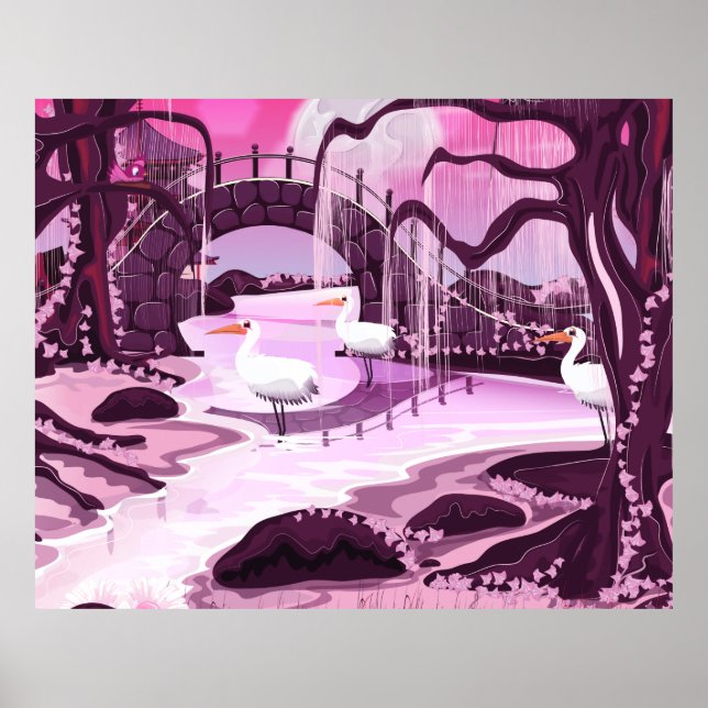 Krane im koreanischen Garten Poster (Vorne)