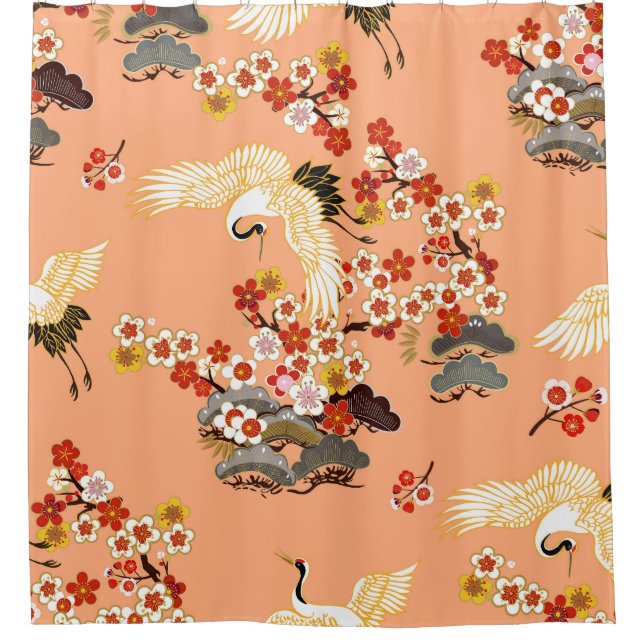 Krane, Sakura, farbenfroh, blumenreich, Kantalupe. Duschvorhang (Vorderseite)