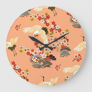Krane, Sakura, farbenfroh, blumenreich, Kantalupe. Große Wanduhr