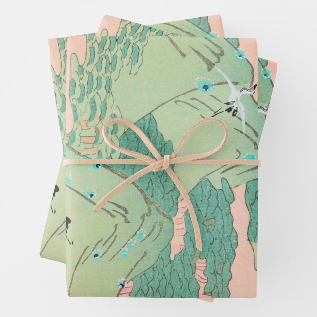 Krane über Gebirge Vintages japanisches Muster Geschenkpapier Set (Beispiel)