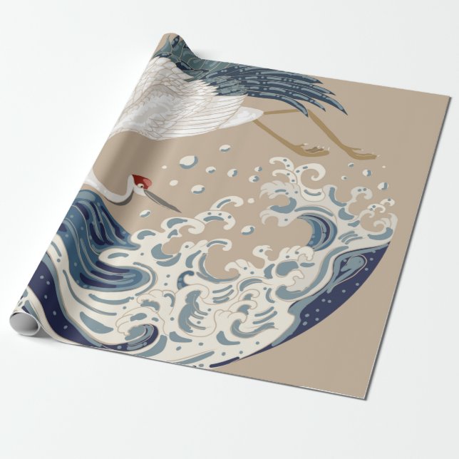 Krane und japanische Wave Illustration. Traditione Geschenkpapier (Ungerollt)