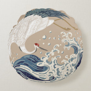 Krane und japanische Wave Illustration. Traditione Rundes Kissen