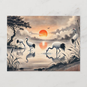 Kranich im Sumpf bei Sonnenuntergang Chinesische T Postkarte