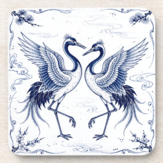 Kranich-Tanz Japanischer Imari-Ware-Stil Blau Weiß Getränkeuntersetzer