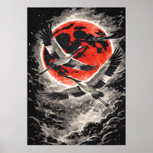 Kraniche fliegen im roten Mond - Japanische Kunst Poster