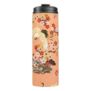 Kraniche, Sakura, farbenfroh, floral, Cantaloupe-M Thermosbecher