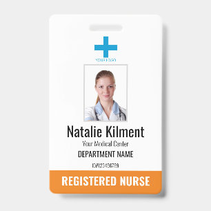Krankenhausmitarbeiter Foto Name Logo Orange und W Ausweis