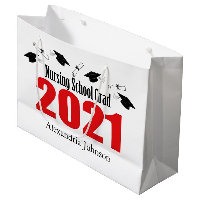 Krankenpflege 2021 Abschluss Geschenktasche (Rote  Große Geschenktüte (Vorderseite Schrägansicht)