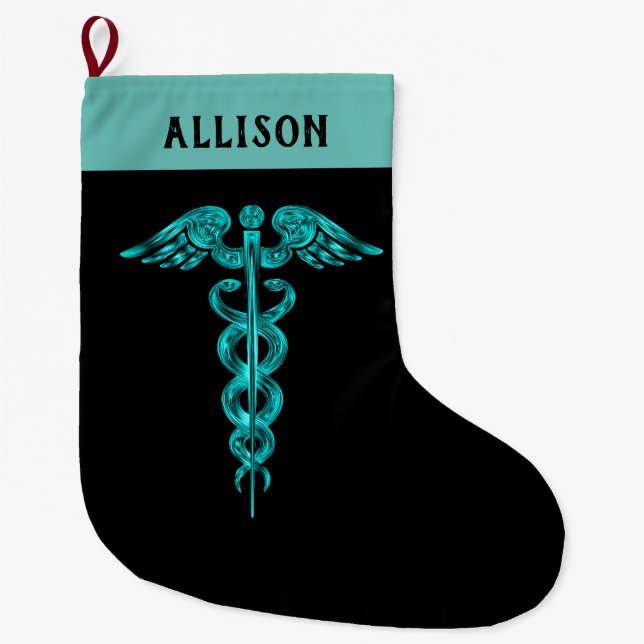 Krankenpflege Caduceus Symbol Türkis Schwarz Großer Weihnachtsstrumpf (Vorderseite)