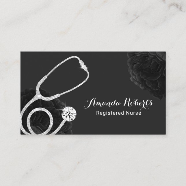 Krankenpfleger Medical Elegante Schwarze Flora Visitenkarte (Vorderseite)