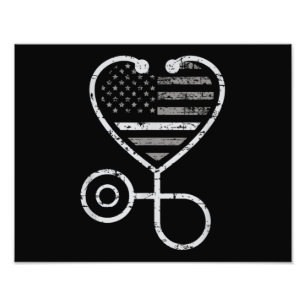 Krankenpflegerin Dünne graue Linie Herz US-Flagge Fotodruck