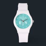 Krankenschwester | Kadukus mit RN-Monogramm Armbanduhr<br><div class="desc">Krankenschwester | caduceus mit RN-Monogramm. Anpassbar mit Namensinitialen. Benutzerdefinierte Hintergrundfarbe. dh Türkis.</div>