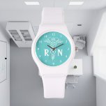 Krankenschwester | Kadukus mit RN-Monogramm Armbanduhr<br><div class="desc">Krankenschwester | caduceus mit RN-Monogramm. Anpassbar mit Namensinitialen. Benutzerdefinierte Hintergrundfarbe. dh Türkis.</div>