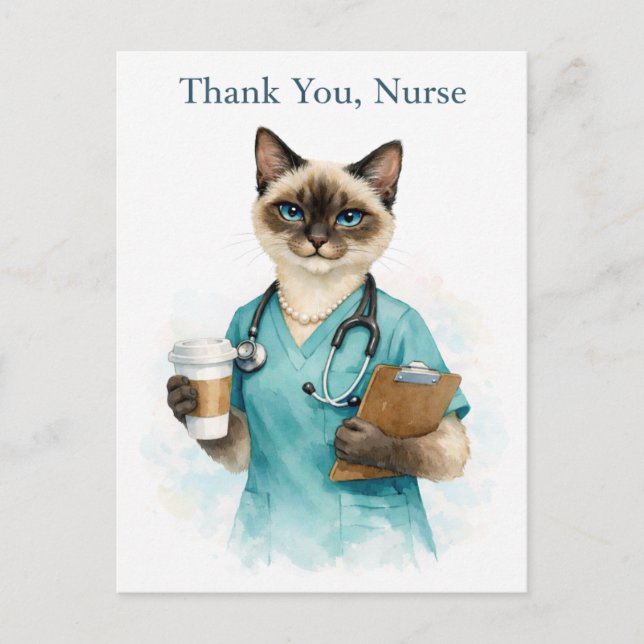 Krankenschwester Katze mit Kaffee mit Text Dankesc Postkarte (Vorderseite)