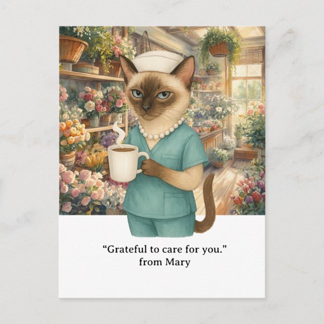 Krankenschwester trinkt Kaffee vor dem Blumenladen Postkarte (Vorderseite)