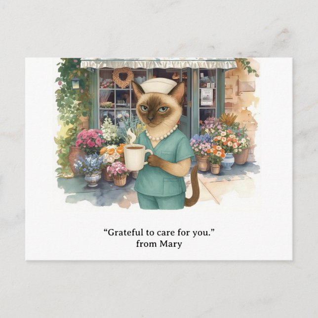Krankenschwester trinkt Kaffee vor dem Blumenladen Postkarte (Vorderseite)