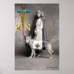 KRANKENSCHWESTER UND RETTUNGSHUND /Goldener Caduce Poster