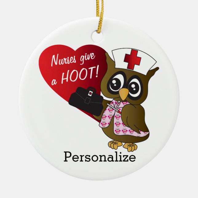 Krankenschwestern geben einen Hoot! Hühnernurte Keramik Ornament (Vorne)