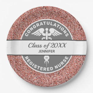 Krankenversicherung RN Abschluss Rose Gold Glitzer Pappteller