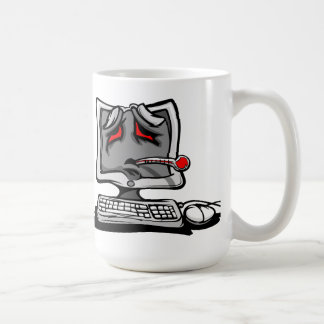 Kranker Computer mit der Kaffeetasse
