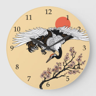 Kranvogel und blühende Sakura Große Wanduhr