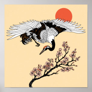 Kranvogel und blühende Sakura Poster