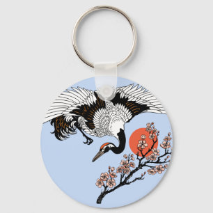 Kranvogel und blühende Sakura Schlüsselanhänger
