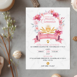 Kranz aus rosa Rosen zur Erstkommunion mit Kelch Einladung